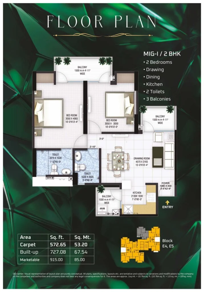 MIG-I 2 BHK Floor Plan Layout